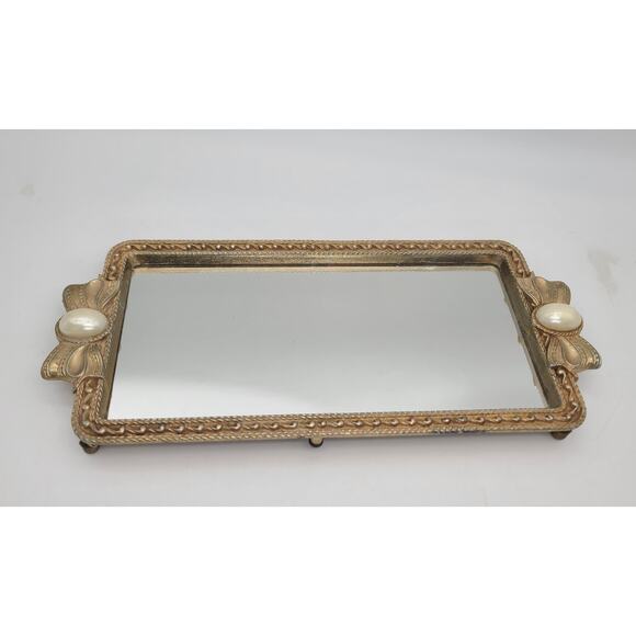 Vintage Gold Plate Metal Rectangular Bow & Pearl 12” Vanity Tray Mirror Jewelry - Picture 1 of 10